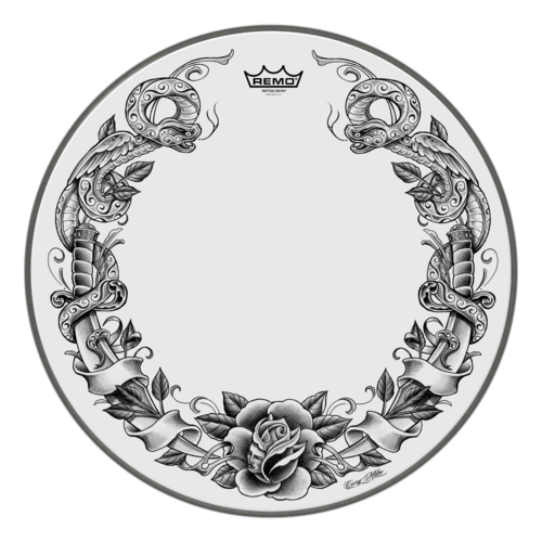 Remo 22" Powerstroke P3 Skyndeep Bass Drum Head - Tattoo Serpentrose On White