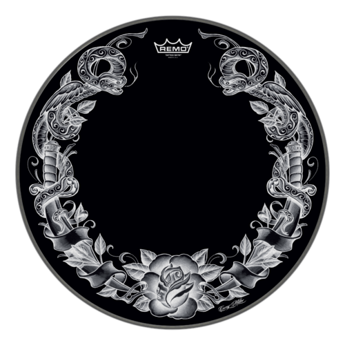Remo 22" Powerstroke P3 Skyndeep Bass Drum Head - Tattoo Serpentrose On Black